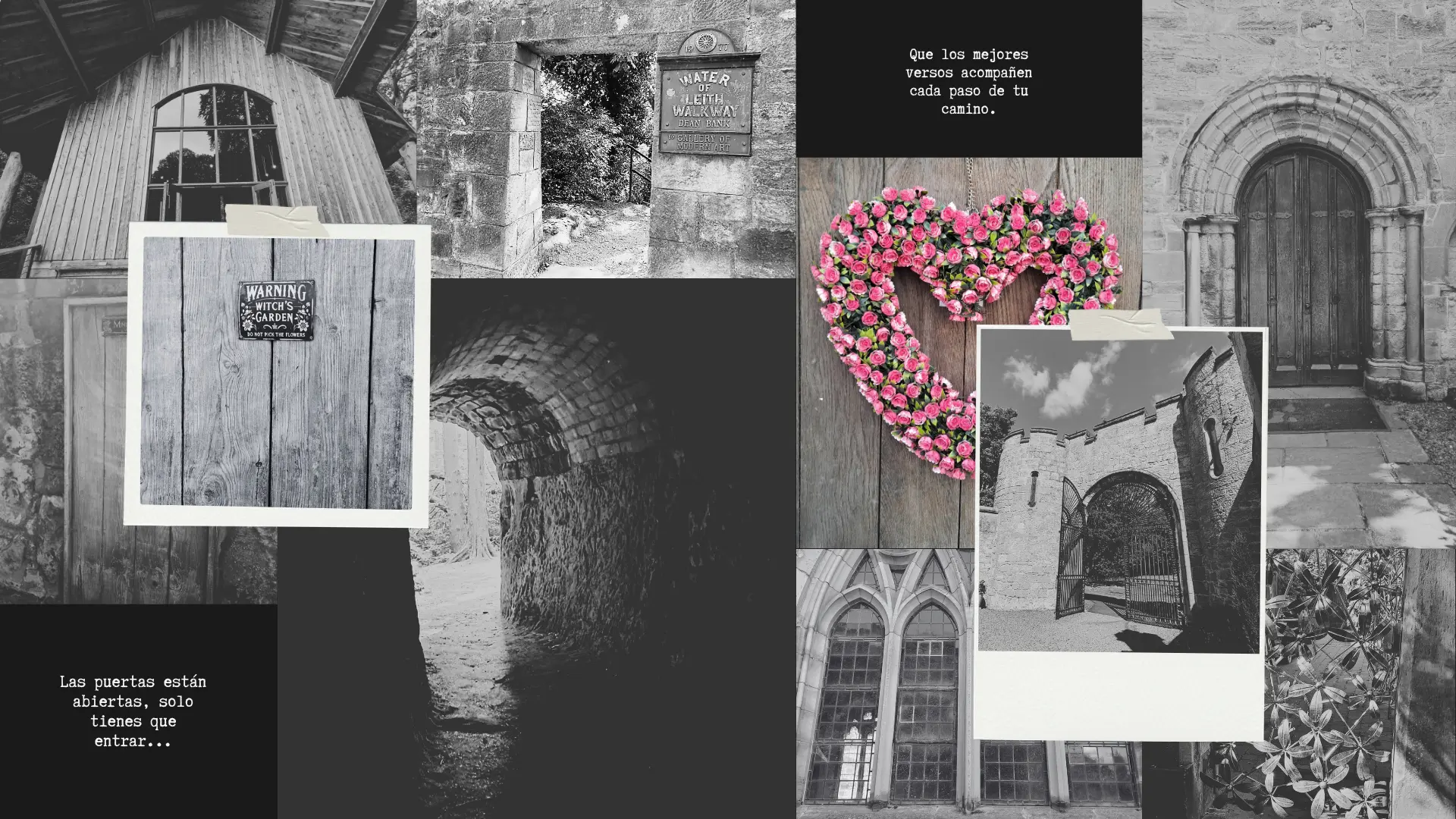 Muro de fotos de puertas, portales y entradas varias localizadas en Escocia. Fotos de 2026. Mural creado para la revista de poesía digital La Puerta Perdida